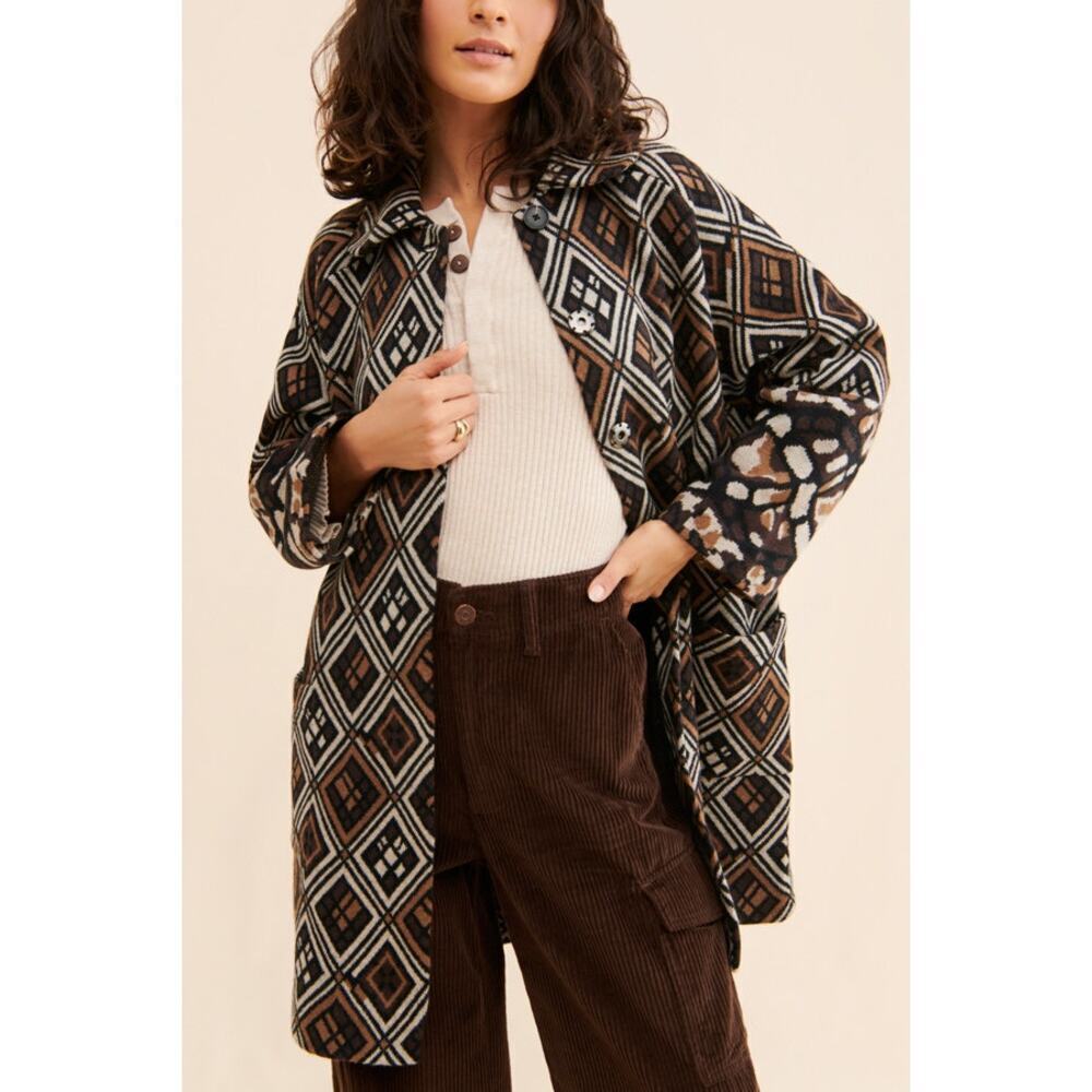 Anthropologie Field Flower Geo Wool Sweater Coat Brown Black XS Casual Cozy